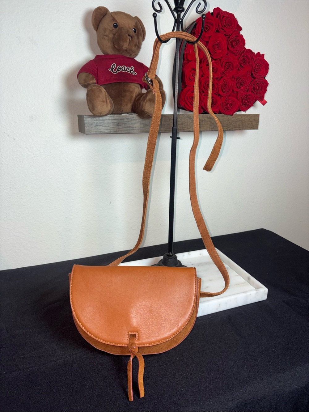 Anthropologie Leather Crossbody Saddle Bag in Cognac Brown
